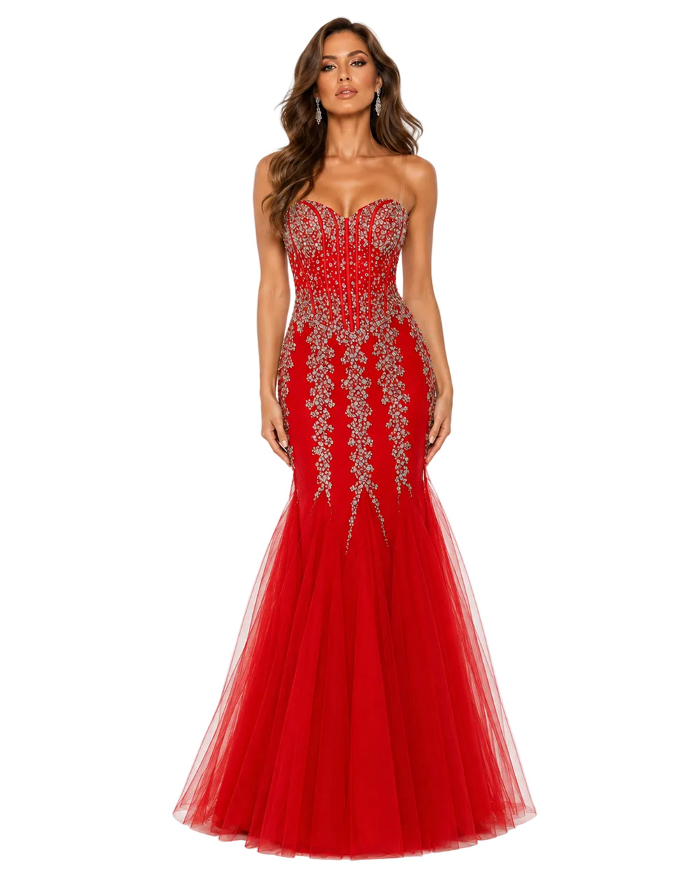 Jovani Red Crystal Embellished Strapless Mermaid Gown – Size 2 / XS